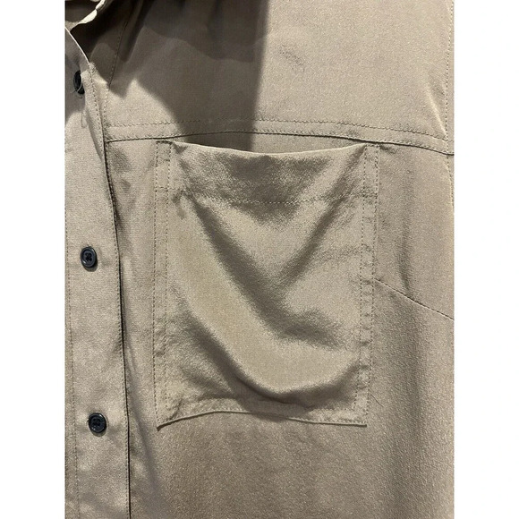 Vintage Quinn Army Green 100% Silk Button Down  Side Slits High Low Medium - Picture 3 of 10